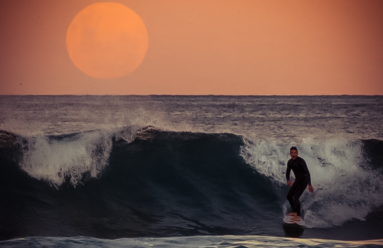 Một người lướt sóng trên Bãi biển Manly gần Sydney khi siêu trăng lấp ló ở đường chân trời.